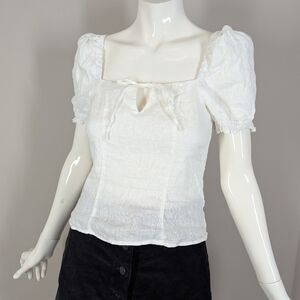 H&M 100% Linen Peasant Blouse White Cottagecore Puff Sleeve Tie Front Top XS